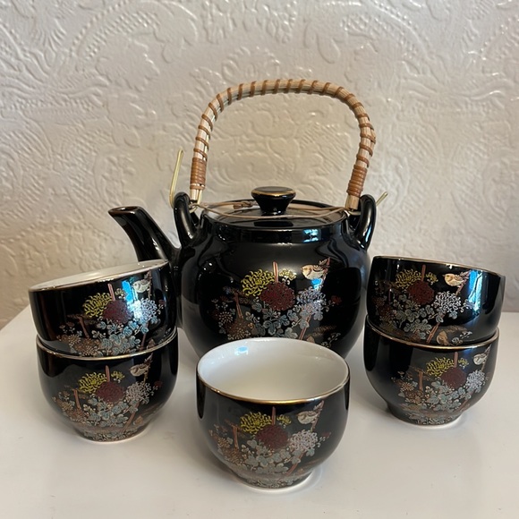 Vintage Japan Tea set black gilded floral bird teapot set with 5 gold trim cups - Picture 1 of 14